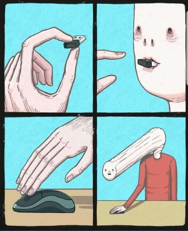 an unsettling comic showing a man
								 putting a usb dongle into his mouth and moving his face with
								 the connected mouse